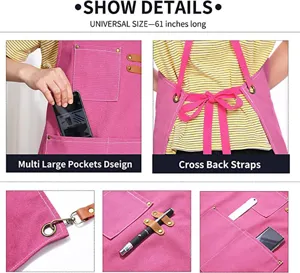 Pink thick canvas work apron featuring multiple large pockets, cross back straps and tool holders.