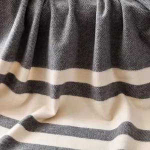 Grey and white striped knit throw blanket, close-up wool blend sofa blanket texture.