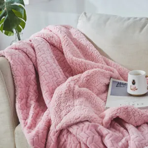 Pink flannel cable knit throw blanket for sofa couch cozy warm soft home office use