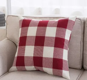 Close-up detail of the red and white plaid linen cushion on a cozy living sofa.
