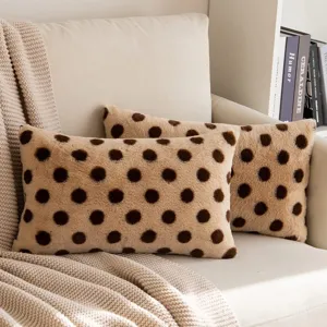 Cozy polka dot faux rabbit fur throw pillow detail, soft cozy sofa cushion for home decor.