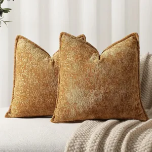 Ensemble de deux coussins en chenille dorée avec bordure élégante pour canapé de salon moderne.