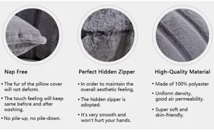 Detailed feature view of the grey faux fur pillow cover showing soft fabric and hidden zipper.