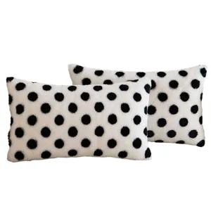 Black and white polka dot plush pillow, soft rabbit faux fur cushion for sofa, bed and car.