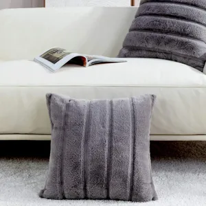 Grey faux fur throw pillow fluffy soft square cushion for living room sofa bedroom bed decor
