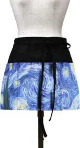 Half apron detail, starry night print, polyester waist apron with multiple pockets.