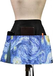 Polyester waist apron with Starry Night art print, multi-pocket utility half apron.