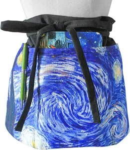 Polyester half waist apron with starry night art print, multi pockets and tie straps for work.