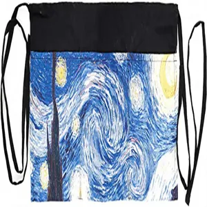 Polyester half waist apron featuring Starry Night print, multi pockets, adjustable black ties.