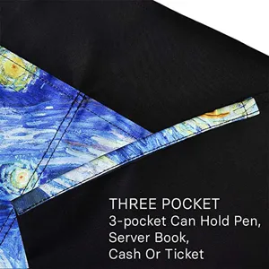 Detail view of black apron pocket featuring starry night art print, multi-pocket design for service.