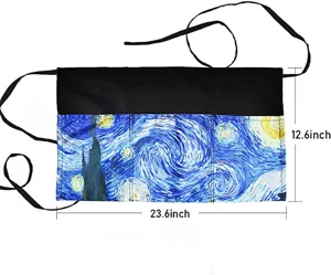 Starry night art print half apron with multiple large pockets, durable polyester for cooking.