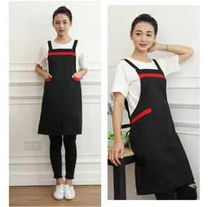 Korean style black cotton kitchen apron with red stripe and pockets for women cooking workwear