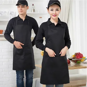 Black working apron with pockets, professional chef uniform for kitchen and cafe use, durable design.