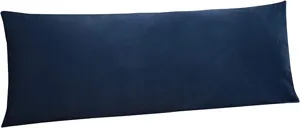 Dark blue velvet body pillow detail, soft long bed backrest cushion for comfortable sleep.