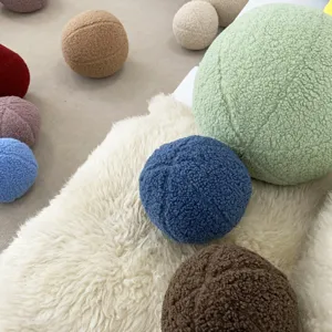 Nordic minimalist teddy fleece ball pillow detail, soft plush cushion for sofa and bed.