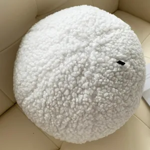 Nordic minimalist white teddy fleece round ball pillow, soft plush cushion for sofa or bed decor.