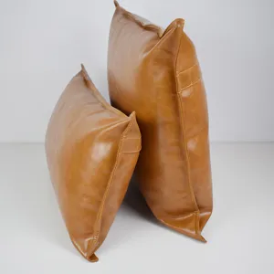 Solid color PU leather decorative throw pillow set for sofa and bedroom use brown