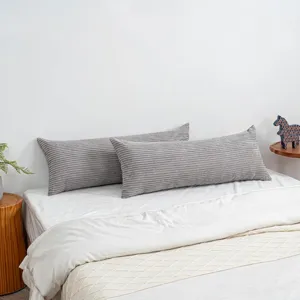 Grey corduroy long body pillow for bed, striped removable pillow cover and soft bolster.