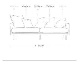 Schéma coté détaillé montrant le canapé et diverses tailles de coussins de décoration.