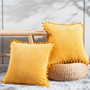 Corduroy Throw Pillow Cover With Cute Pom Pom Fringe Design Soft Textured Cushion Case For Sofa Bed Living Room Home Decor