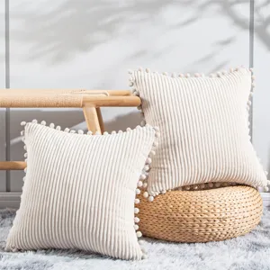 Corduroy pom pom throw pillow cover soft striped cushion case for sofa bedroom decor