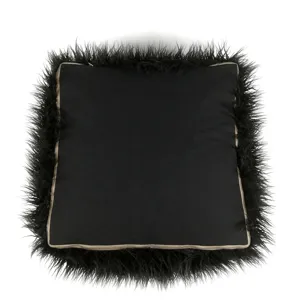 Nordic black plush floor cushion square tatami seat cushion with long fluffy fringe for home.