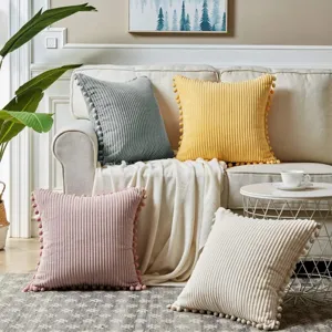 Corduroy Pom Pom Throw Pillow Case Solid Color Striped Cushion Cover for Sofa Bed
