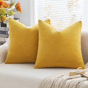 Gele chenille kussenhoezen voor bank en bed, zachte decoratieve vierkante kussenhoes.