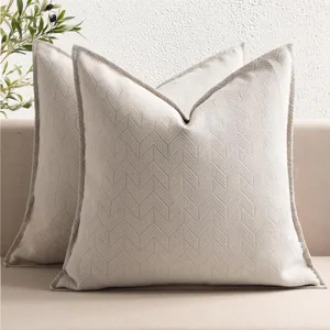Beige chenille chevron throw pillow, textured cushion detail for living room sofa decor.