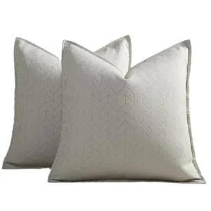 Cream chenille throw pillow cover, textured chevron cushion for sofa, bed, and living room decor.