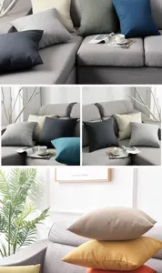 Detailweergave van Scandinavisch effen linnen kussen en bankkussen voor woninginrichting.