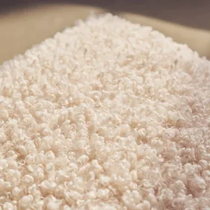 Detailed close-up of fluffy white lamb fleece cushion cover fabric, soft texture texture.