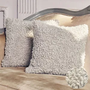 Nordic boucle square pillowcase fabric detail, fluffy sherpa texture close-up for cozy home.