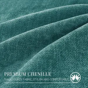 Close-up view of textured teal chenille fabric showing thick weave and soft touch details.