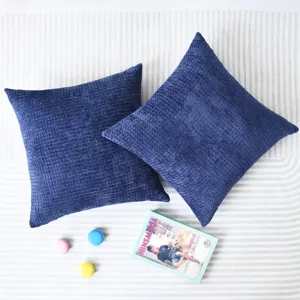 Woven chenille throw pillow cover dark blue corn grid cushion case for sofa bedroom decor
