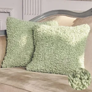 Nordic green boucle throw pillow cover for living room sofa, textured decorative cushion case.