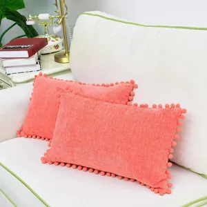 Coussin décoratif épais en chenille avec pompons pour canapé, lit ou chaise de bureau.