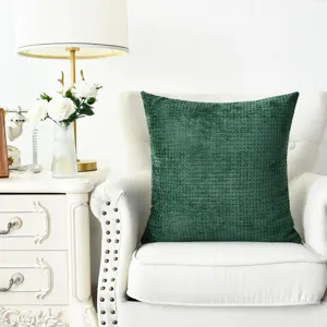 Dark green chenille woven throw pillow cover, waffle texture cushion cover for sofa decor.
