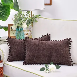 Housse de coussin en chenille épaisse avec pompons coussin décoratif pour canapé salon