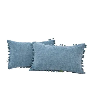 Coussin décoratif épais en chenille avec pompons pour canapé salon lit dossier de chaise.