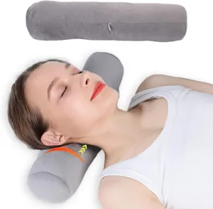 Grey cylindrical bolster pillow for neck support, yoga, and relaxation. Soft and comfortable design.