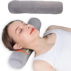 Gray cylindrical bolster pillow round neck pillow for sleeping and yoga relaxation support.