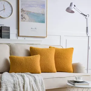 Soft teddy fleece pillow cover detail, cozy yellow cushion design for home decor.