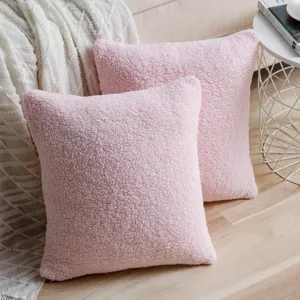Pink teddy fleece square throw pillow cover detail, cozy home decor cushion for sofa bed.