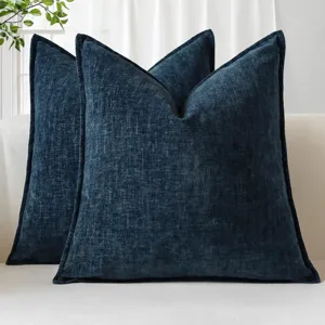 Dark blue chenille throw pillow, thick sofa cushion, modern home decor accent for living room.