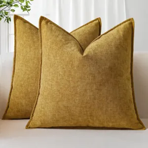 Thick chenille throw pillow covers in mustard yellow, modern square cushion for sofa and bed.