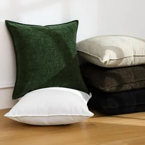 Detailed shot of thick chenille throw pillows in multiple colors, elegant home decor scene.