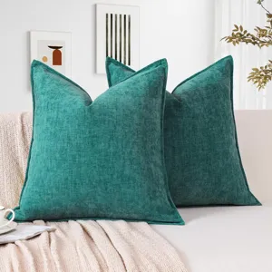 Detailed view of thickened dark green chenille throw pillow, perfect for sofa and bed decor.