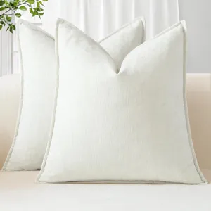 Thick chenille throw pillow beige square cushion for living room sofa and bedroom bed decor.
