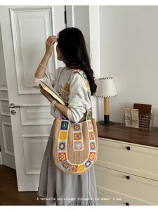 Women crochet tote bag, vintage colorful square shoulder bag, casual aesthetic beach bag.
